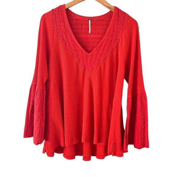 Free People Women's Tunic Top Size S Thermal Long Sleeves Bell Eyelet Red - Picture 1 of 14